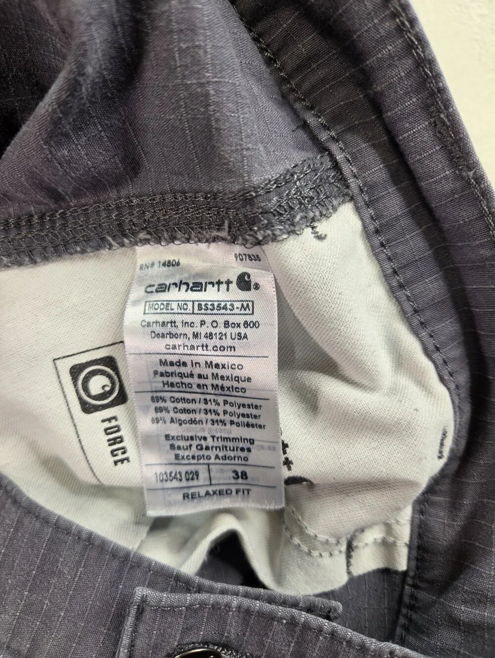 Carhartt Force Ripstop Cargo Shorts Gray Size 38
